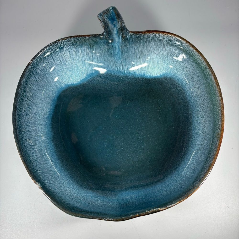 Vintage Dryden Studio Art‎ Pottery Drip Glaze Apple Shaped Bowl Blue Green